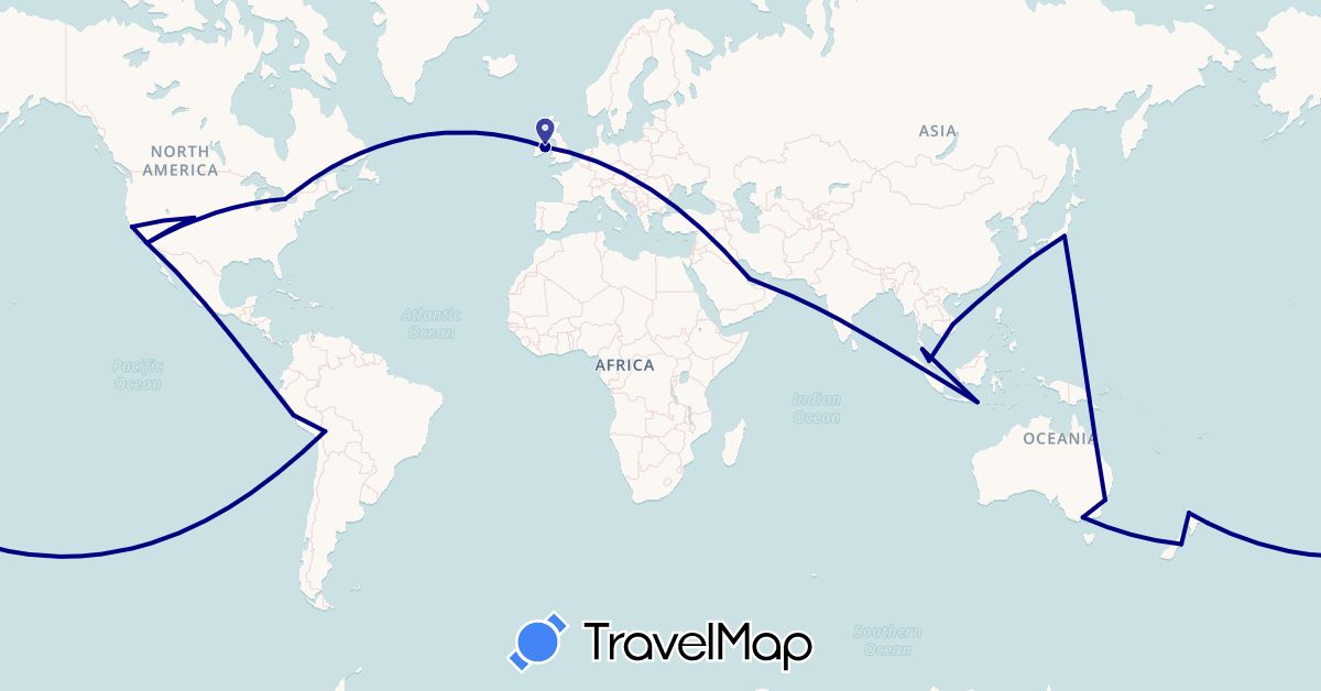 TravelMap itinerary: driving in Australia, Bolivia, Canada, Indonesia, Ireland, Japan, Malaysia, New Zealand, Peru, Qatar, Taiwan, United States, Vietnam (Asia, Europe, North America, Oceania, South America)